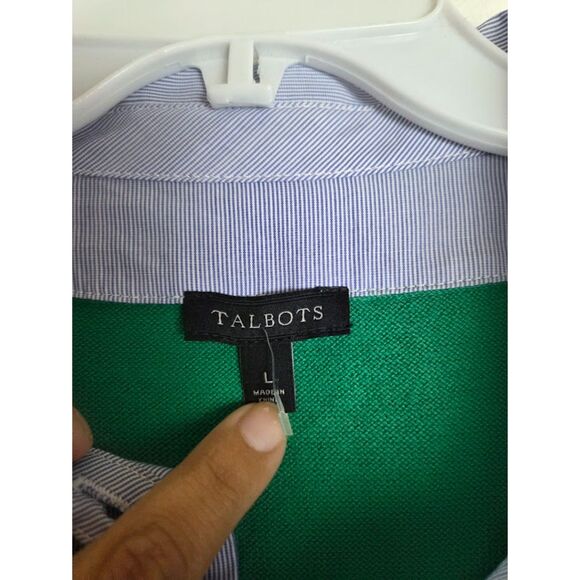 NOWT Talbots Green w/Blue Pinstrip Cotton Cashmere Blend Overlay Sweater Large - Picture 4 of 7